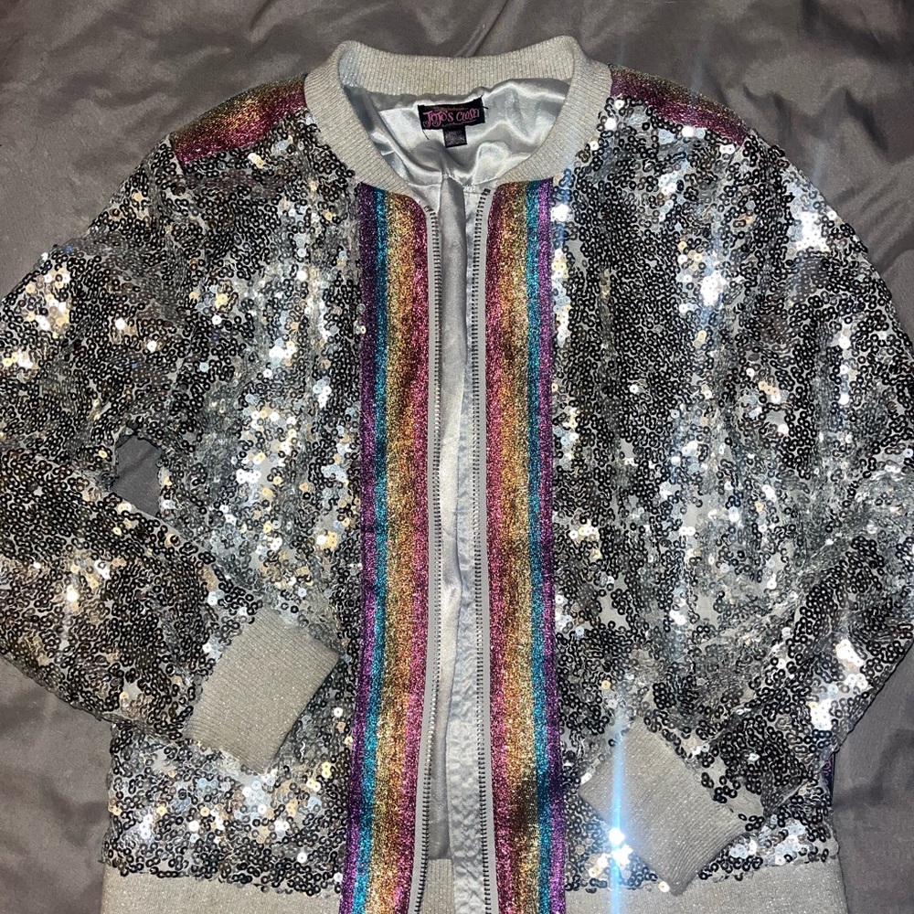 JoJo Siwa Silver Sequin Jacket with Rainbow Stripes